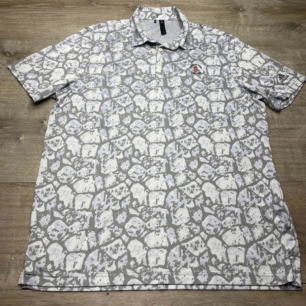 Adidas Shirt Harbour Town Golf Links‎ Mens XL Grey White Stone Print Polo GR3093